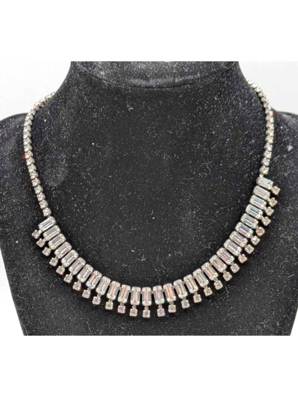 Vtg Silver Tone Clear Rhinestone Choker Necklace Art Deco Round Baguette 15.5"